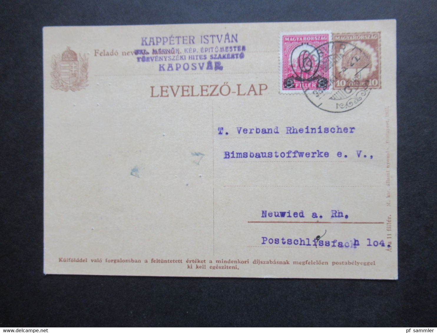 Ungarn 1932 Ganzsache Mit Zusatzfrankatur Nach Neuwied Gesendet Abs. Kappeter Istvan Kaposvar - Briefe U. Dokumente