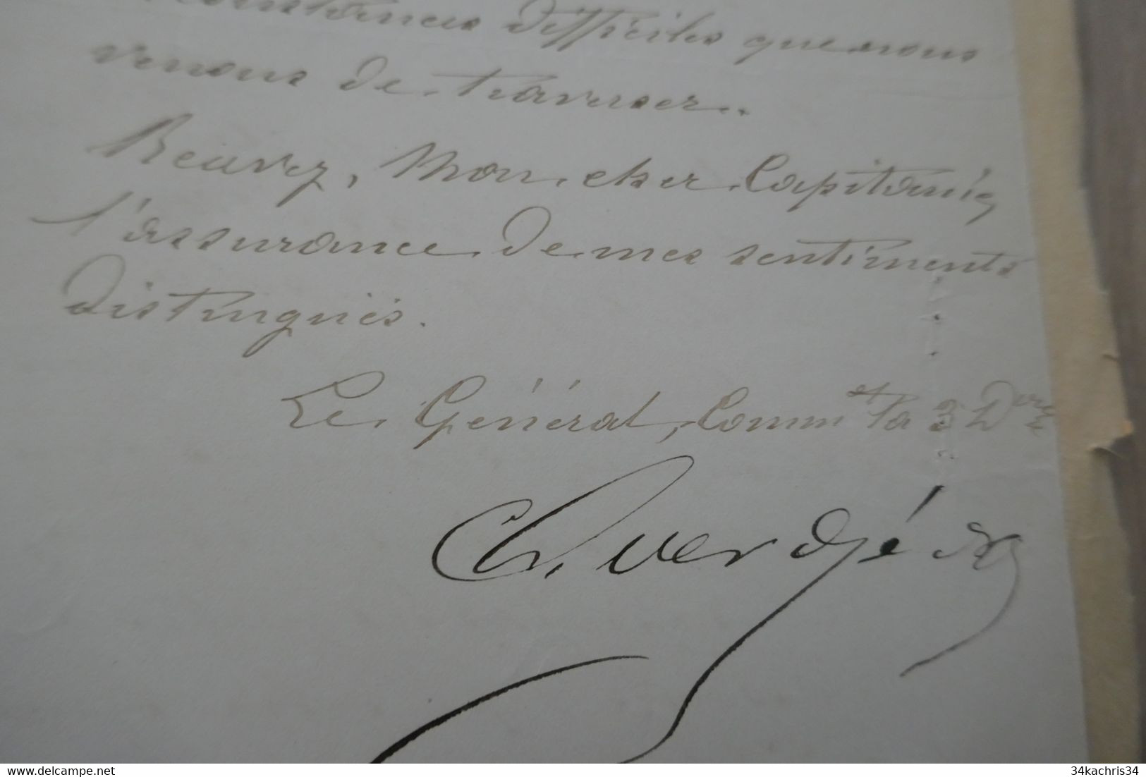 LAS Autographe Signée Général Vergé 1871 Commandant 3ème Division Armée De Réserve Prêt De Gardiens De La Paix - Andere & Zonder Classificatie