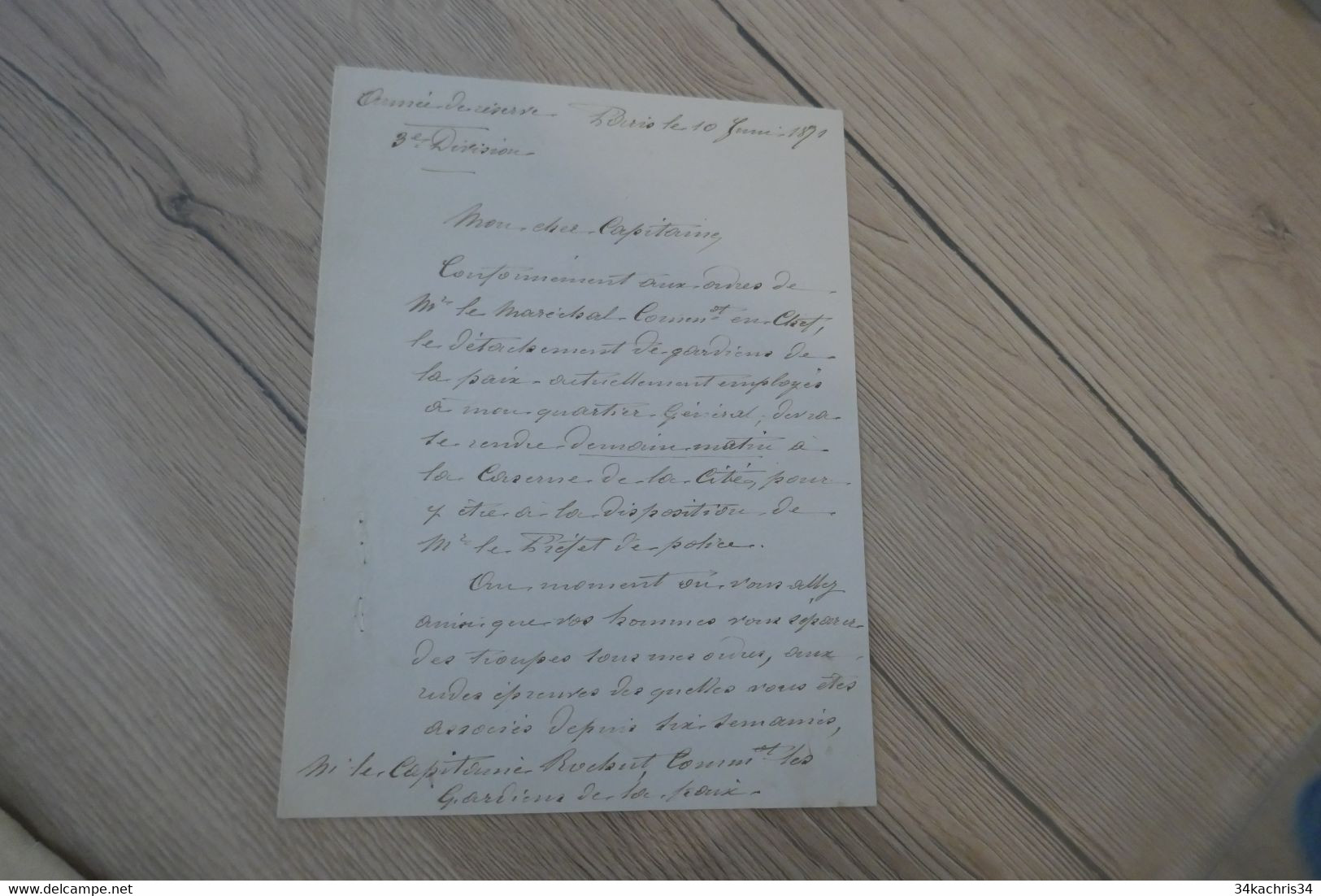 LAS Autographe Signée Général Vergé 1871 Commandant 3ème Division Armée De Réserve Prêt De Gardiens De La Paix - Altri & Non Classificati