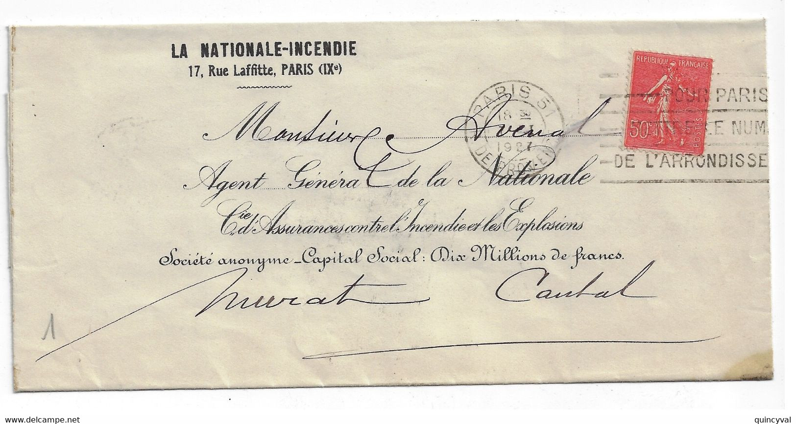 PARIS 51 R Provence Lettre Assurance La Nationale Incendie 50c Semeuse Lignée Yv 199 Ob Meca Frankers Dest Murat Cantal - Storia Postale