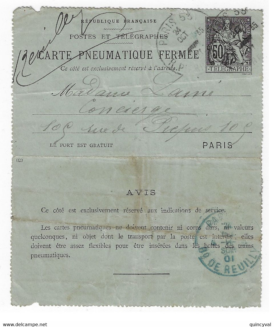 PARIS 53 Carte Lettre Entier Pneumatique 50c Chaplain Yv 2563 Mill 029 O Type H 24 10 1901 Dest Reuilly - Pneumatic Post