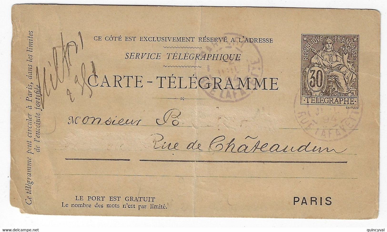 PARIS 51 Rue Lafayette Carte Postale Entier 30c Chaplain Ob 1894 Type 84 Dest Milton Yv 2511 - Rohrpost