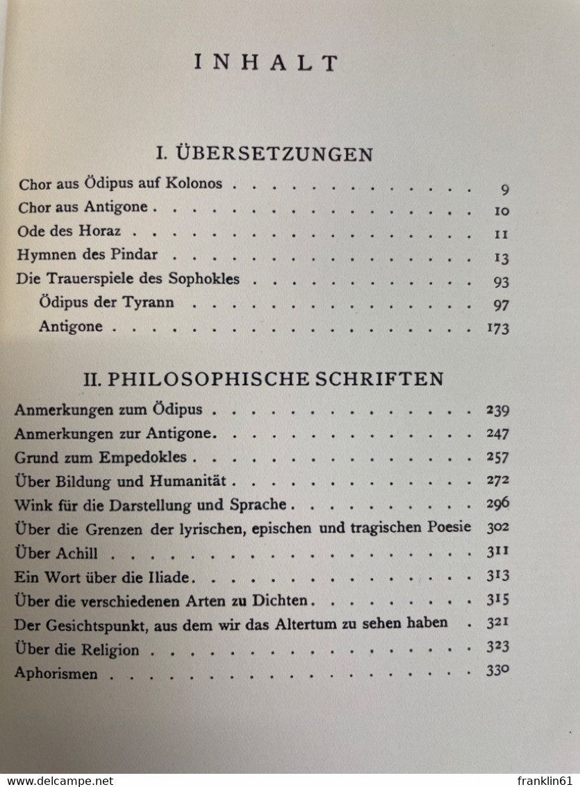 Übersetzungen, Philosophische Schriften Von Friedrich Hölderlin. - Philosophie