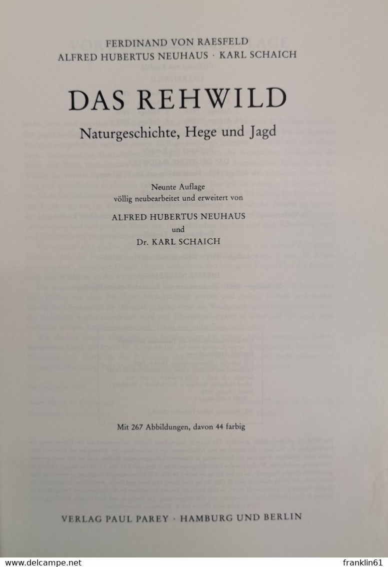 Das Rehwild. Naturgeschichte, Hege Und Jagd. - Otros & Sin Clasificación