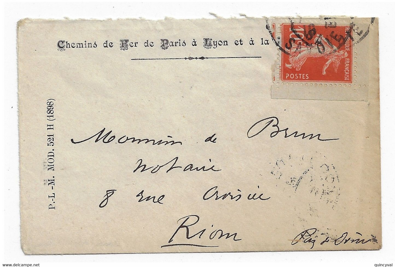 Lettre Entête Chemin De Fer P L M 10c Timbre Issu Carnet Coin Supérieur Droit Yv 138 - 1906-38 Semeuse Con Cameo