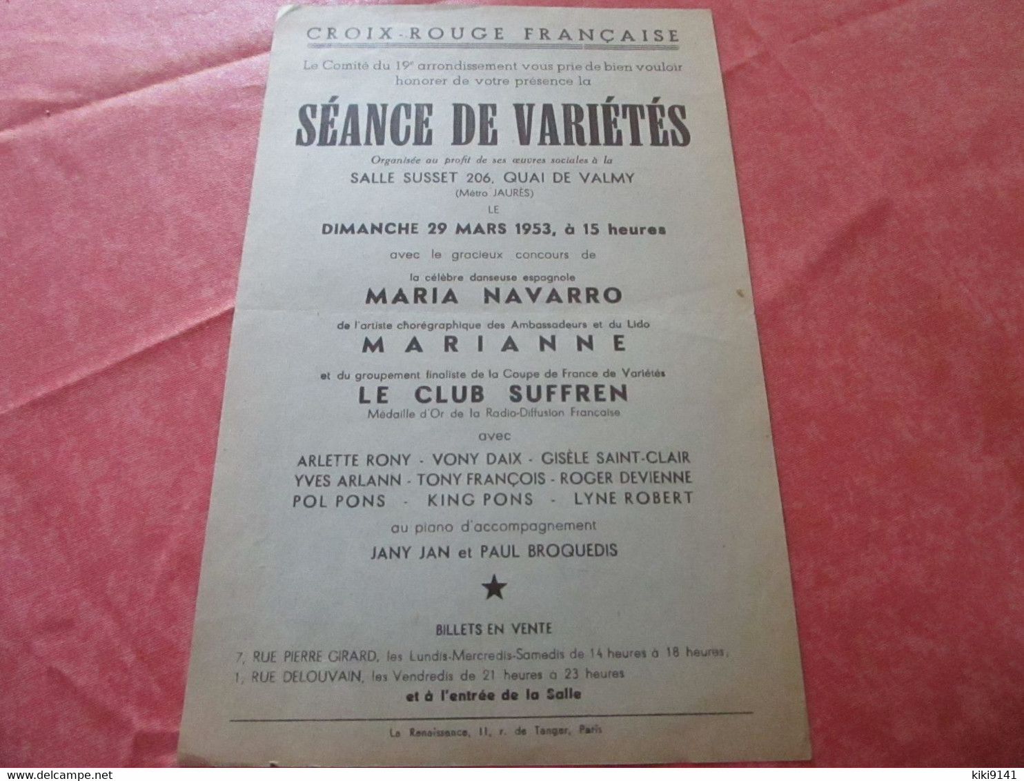 SÉANCE DE VARIÉTÉ Organisée Par Le Comité Du 19è Arrondissement à La Salle Susset 206, Quai De Valmy - Arrondissement: 19