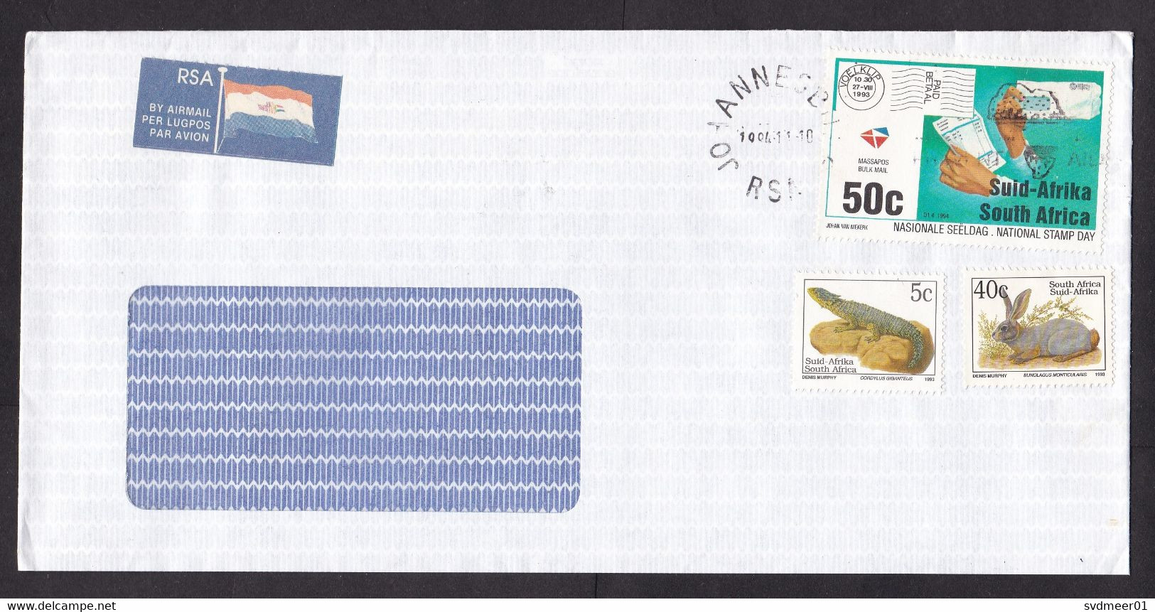 South Africa: Airmail Cover, 1994, 3 Stamps, Stamp Day, Bulk Mail, Reptile, Rabbit, Animal, Air Label (minor Damage) - Brieven En Documenten