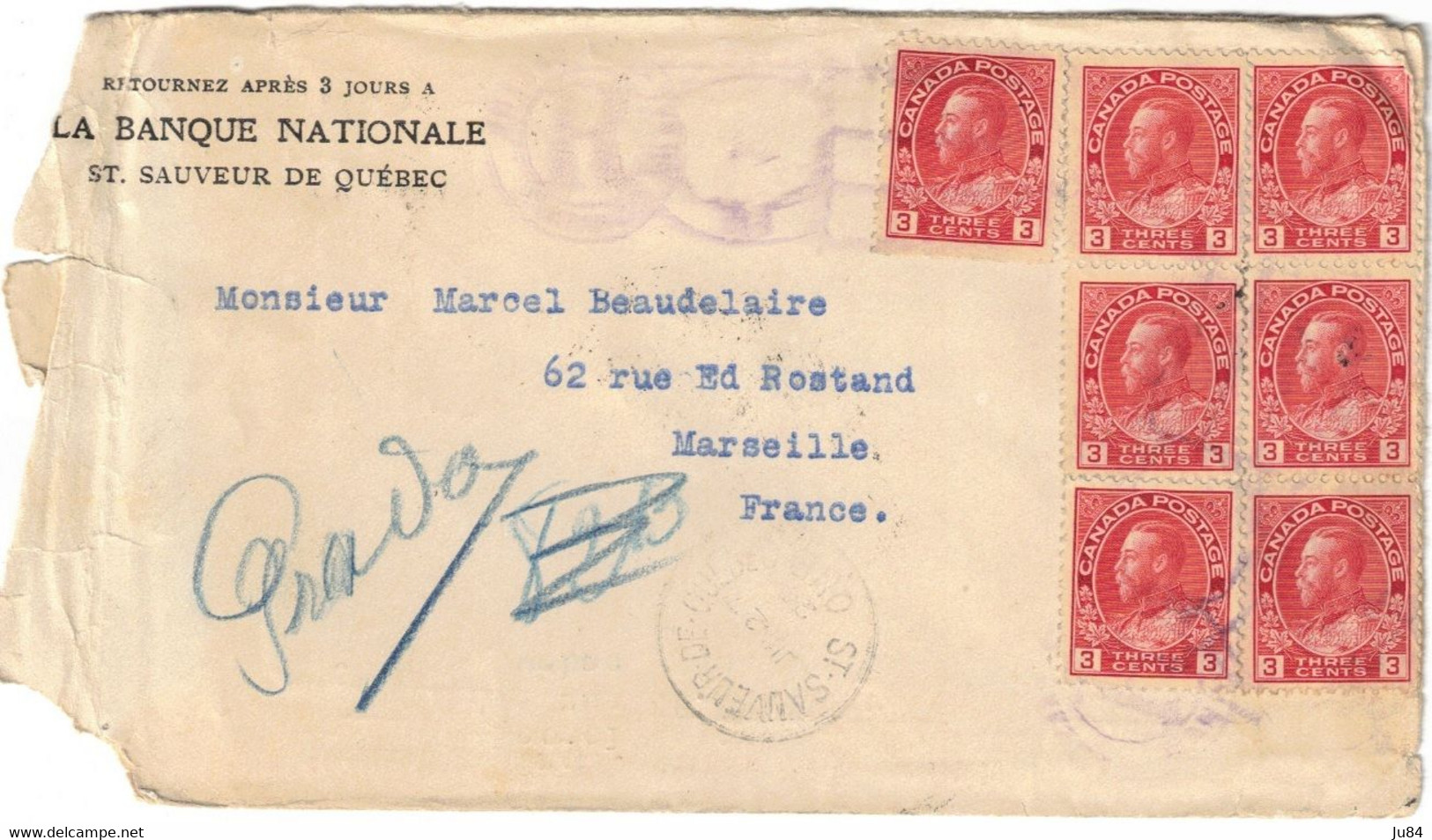 Canada - Québec - St Sauveur - Banque Nationale - Lettre Pour La France - Bel Affranchissement - Cachets De Cire - 1924 - Cartas & Documentos