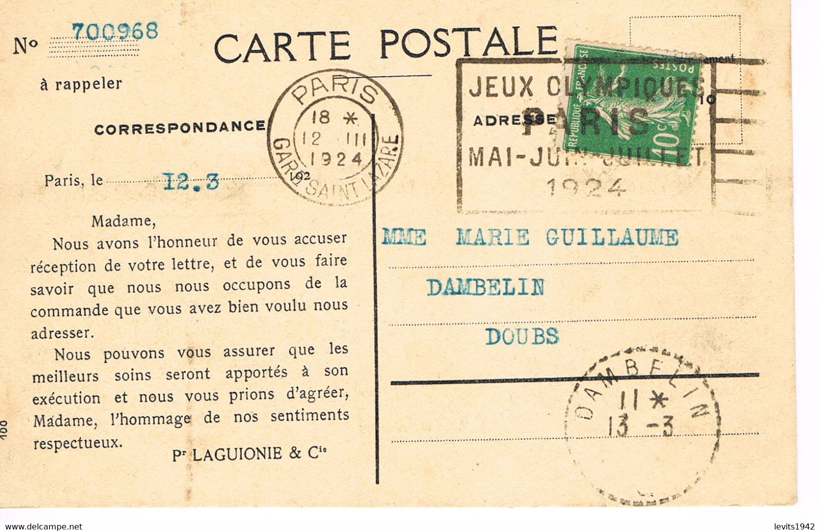 MARQUE POSTALE -  JEUX OLYMPIQUES 1924 - GARE SAINT LAZARE - 12-03-1924 - Affranchissement 10 C Type Semeuse - - Estate 1924: Paris