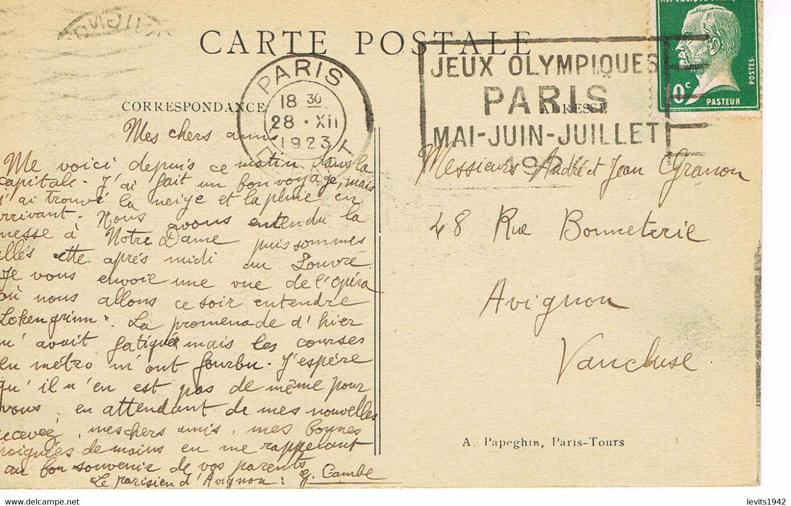 MARQUE POSTALE -  JEUX OLYMPIQUES 1924 - PARIS DEPART - 28-12-1923 - Affranchissement 10 C - Pasteur- - Sommer 1924: Paris