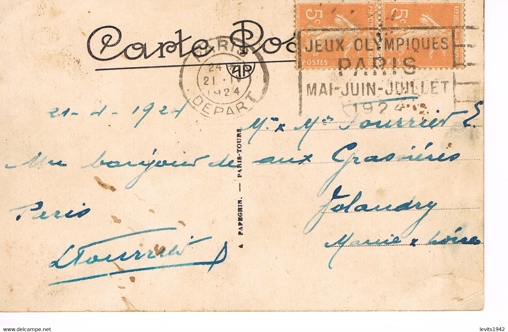 MARQUE POSTALE -  JEUX OLYMPIQUES 1924 - PARIS DEPART - 21-04-1924 - Affranchissement - 2 X 5 C Semeuse - Ete 1924: Paris