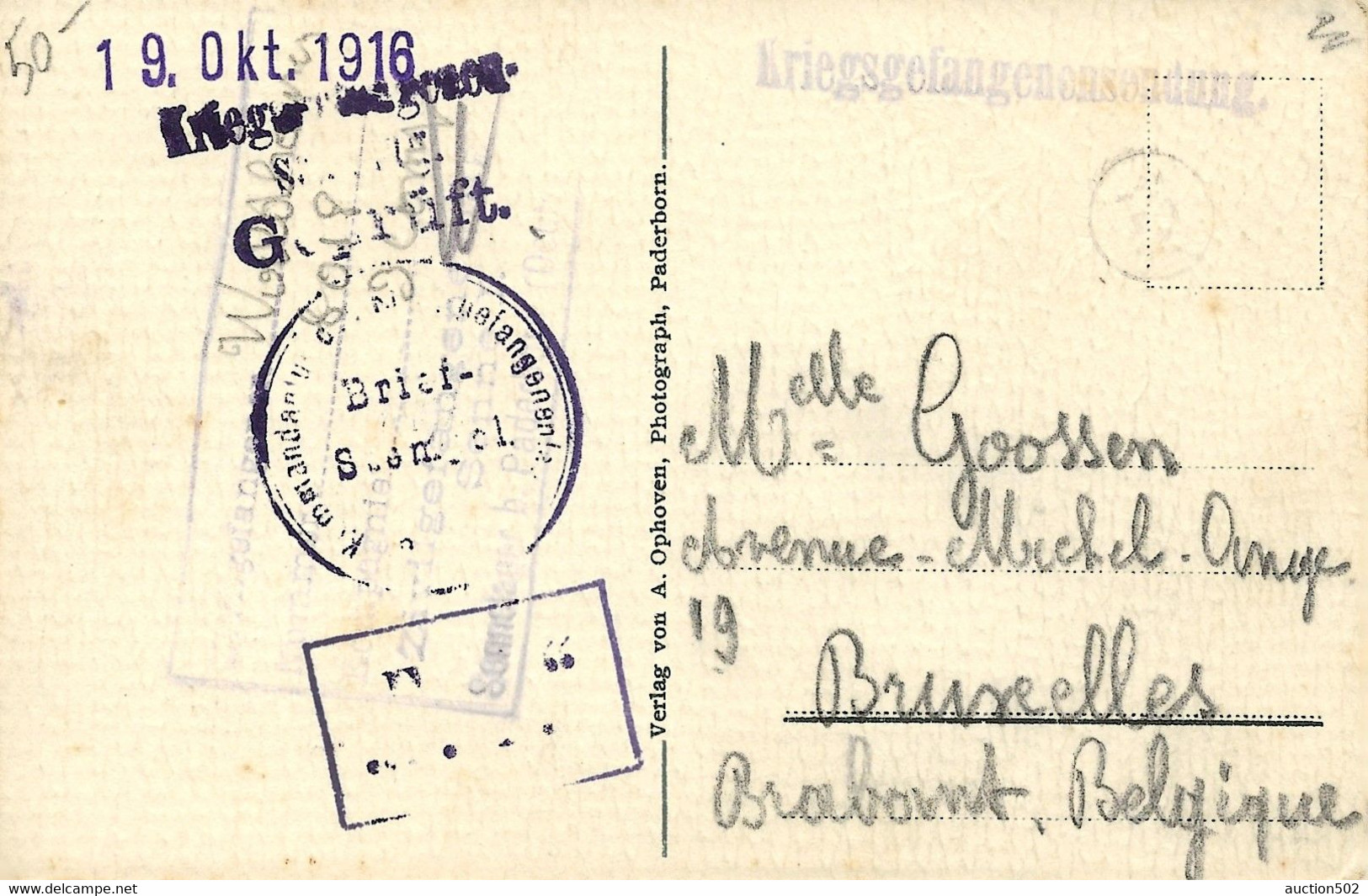 2428PR/ PC Paderborn PDG-POW 1916 KGF Geprüft + Censor > Belgium Brussels - Prisonniers