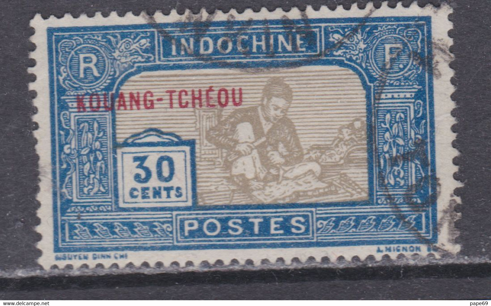 Kouang-Tchéou N° 92 O Timbres D'Indochine Surchargés : 30 C. Lbleu Et Gris-olive, Oblitération Légère Sinon TB - Used Stamps