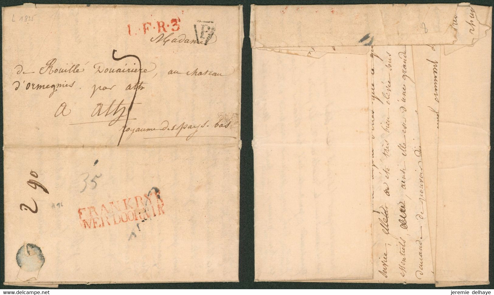 LAC Datée De Paris (France, 1825) + Griffe L.F.R.3 Et Taxe (P) > Ath + Passage FRANKRYK MER DOORNIK (?) - 1815-1830 (Période Hollandaise)