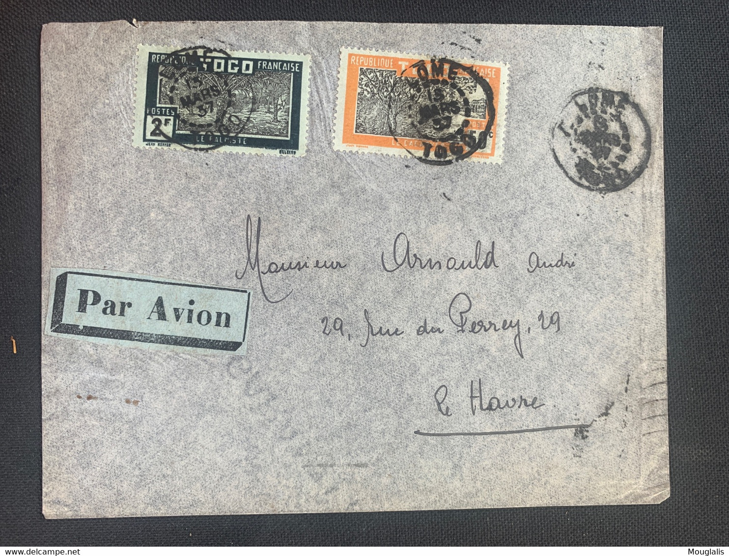 Lettre Colonies LOMÉ Pour Le Havre étiquette Par Avion T. Togo No 136,142 13 Mars 1937 Au Dos Paris RP Avion Marcophilie - Lettres & Documents