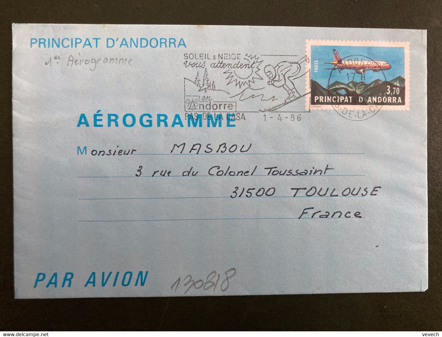 AEROGRAMME AVION 3,70 OBL.MEC.1-4 1986 ANDORRA - Postwaardestukken & Prêts-à-poster