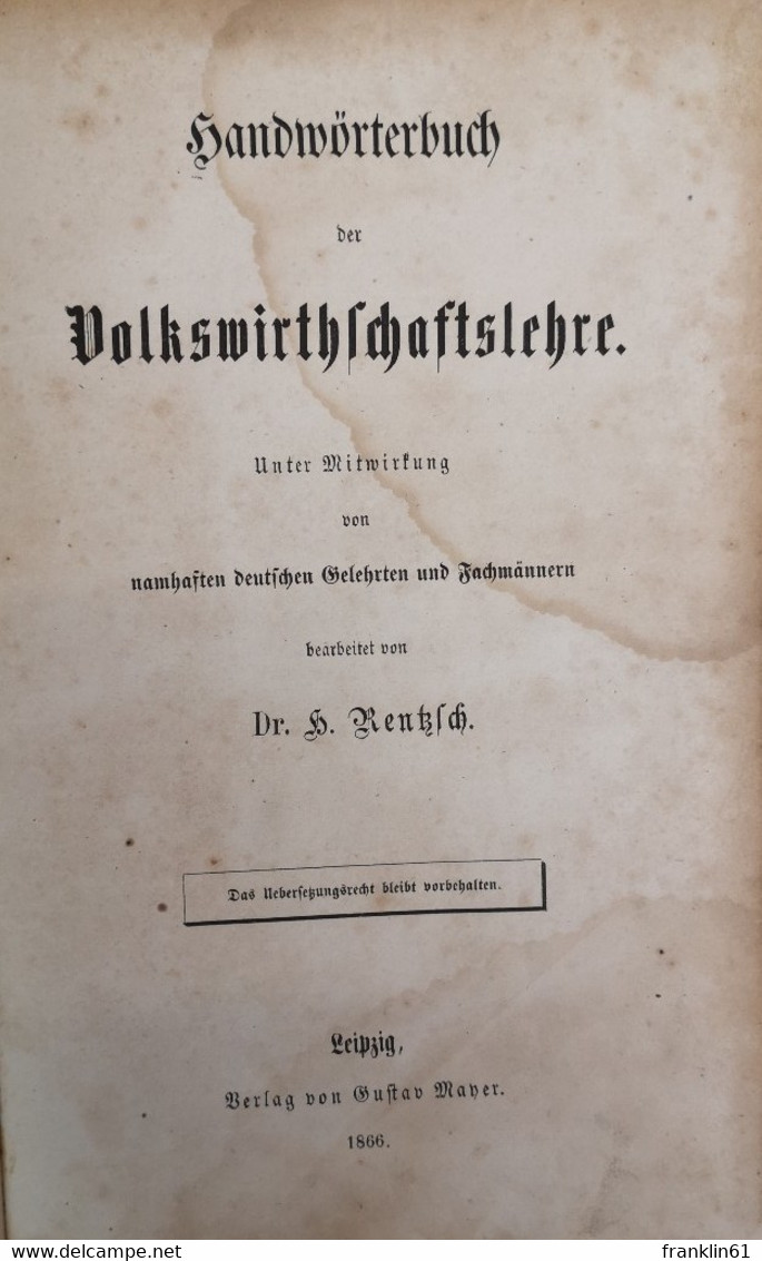Handwörterbuch Der Volkswirthschaftslehre. - Lexika