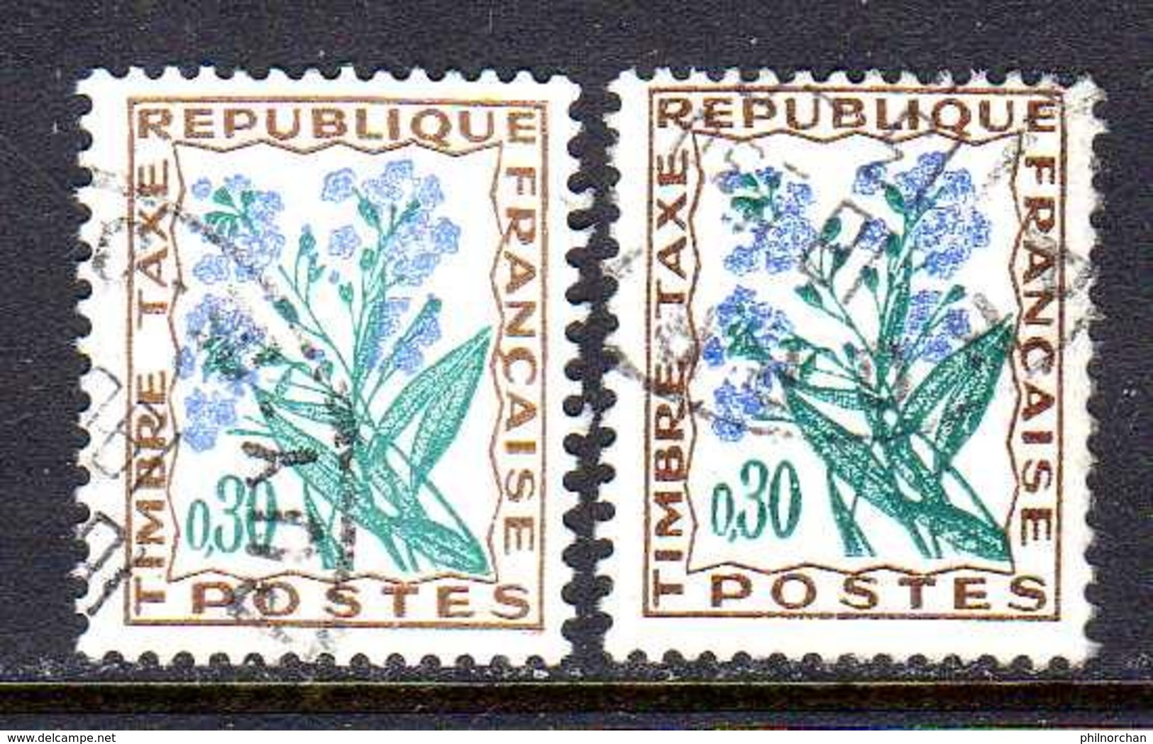 1964 France Taxe Variété De Couleurs 2xN°98   Ex N°3   0,20 €    (cote ?, 2 Valeurs) - Used Stamps