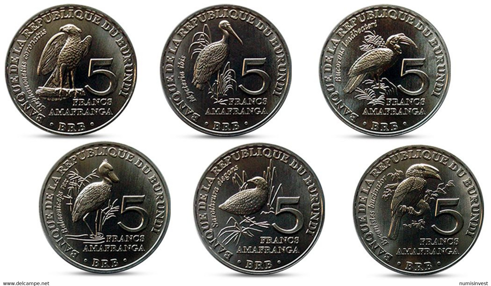 BURUNDI 6 COINS SET 5 FRANCS FAUNA AFRICA WILDLIFE AFRICAN BIRDS 2014 UNC - Burundi