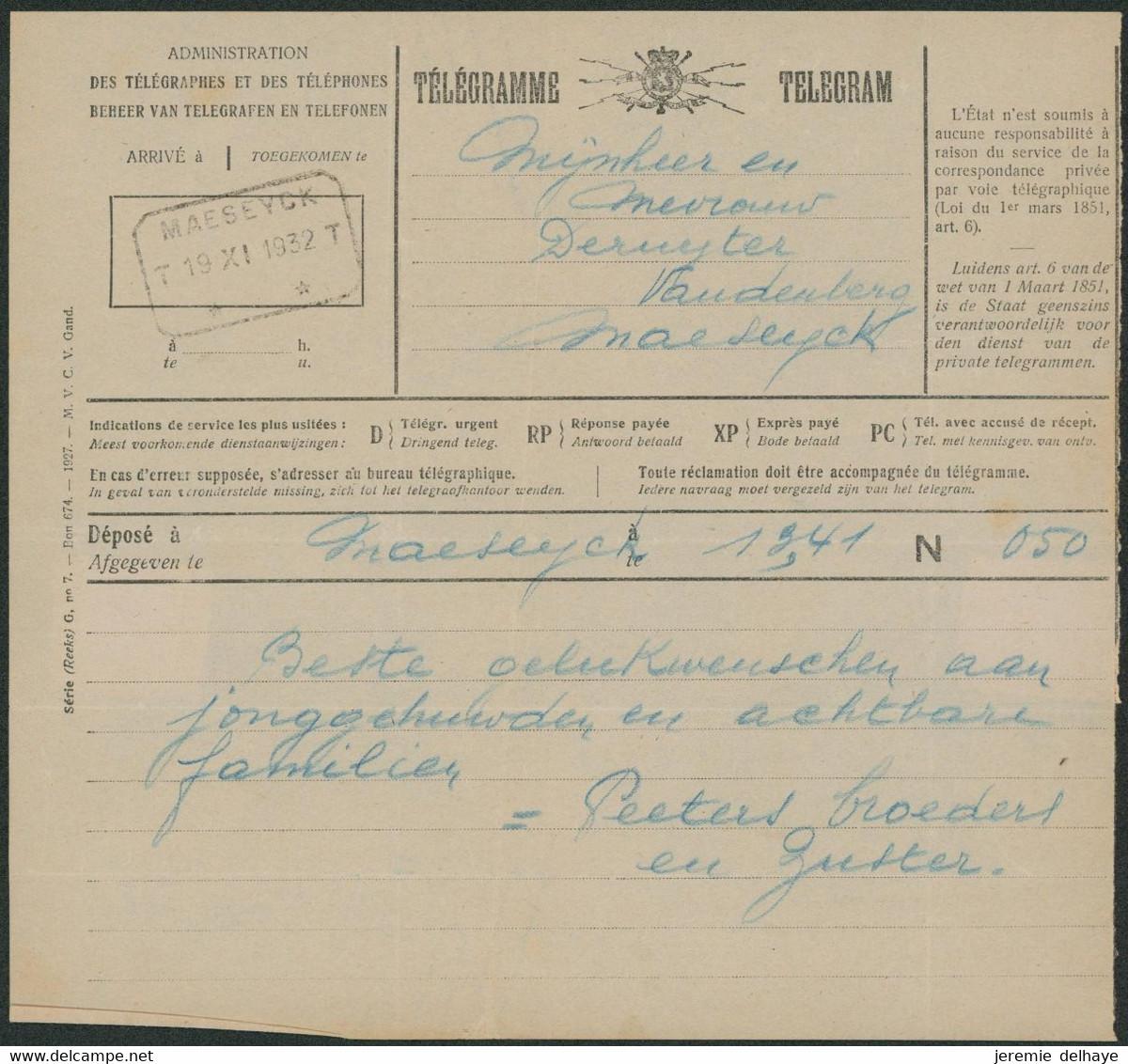 Télégramme / Télégram (Série G N°7) Déposé à Maeseyck + Obl Télégraphe-téléphone MAESEYCK (1932) - Dépliants De La Poste