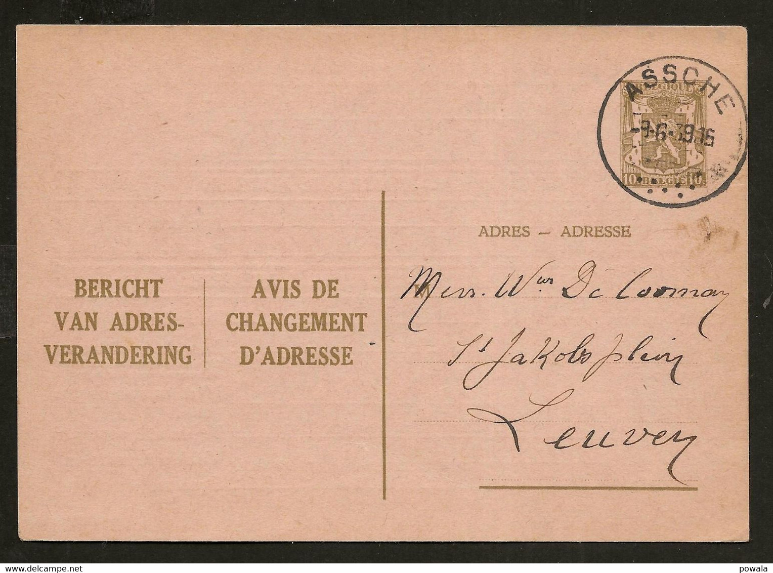 Assche (Asse) 9/6/39 Op Bericht Van Adresverandering (niet Gelopen) - Aviso Cambio De Direccion