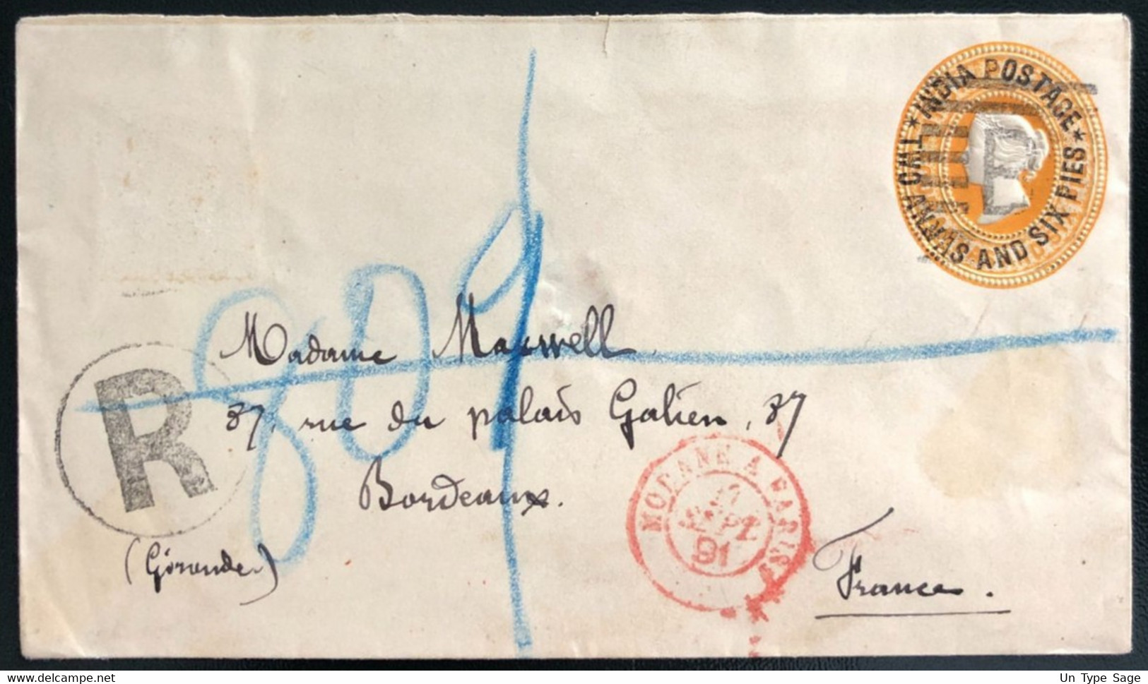 France, TAD D'entrée MODANE A PARIS 17.9.1891 Sur Entier D'Inde En Recommandé - (B370) - Entry Postmarks