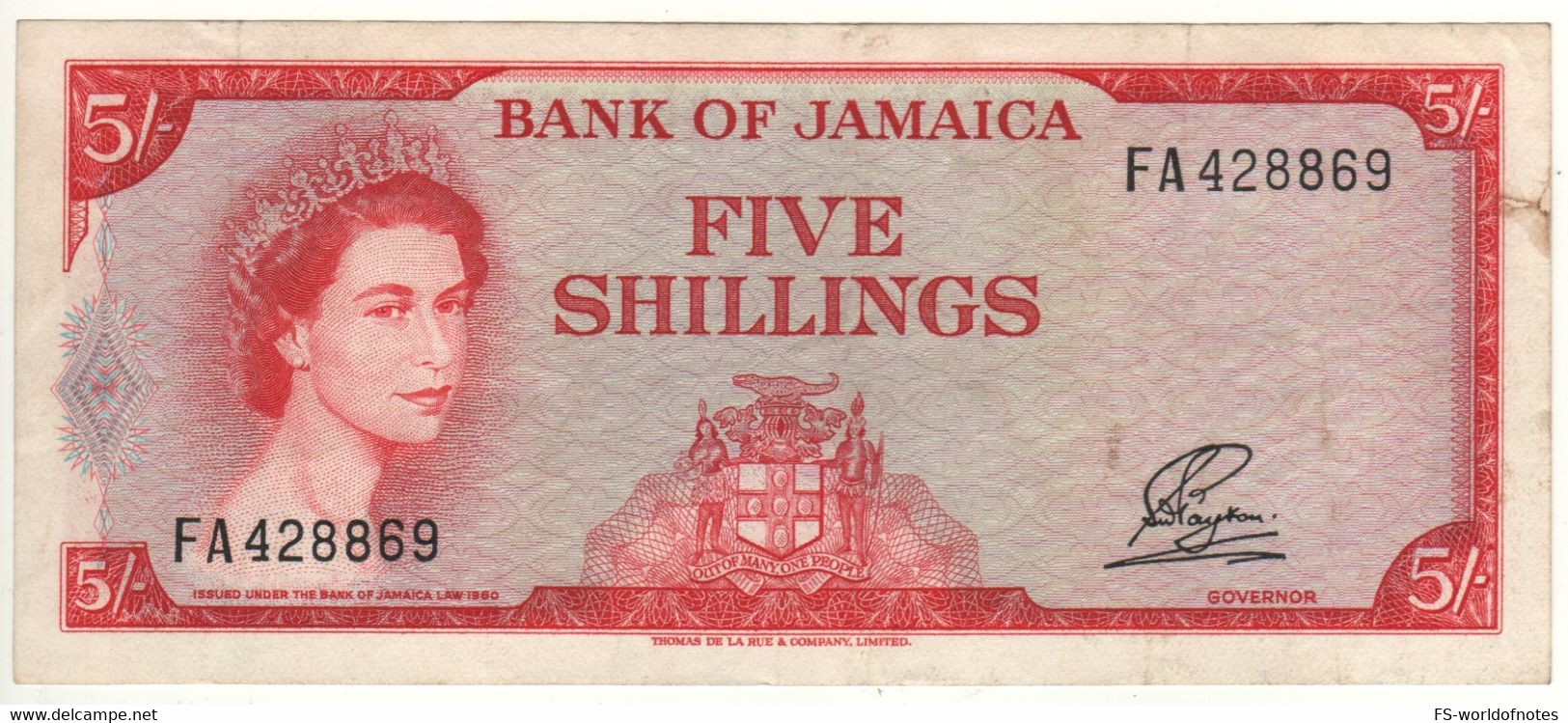 JAMAICA  5 SHILLINGS  P51Ab  L.1960  " Queen Elizabeth II + Banana Plantation At Back " - Jamaica