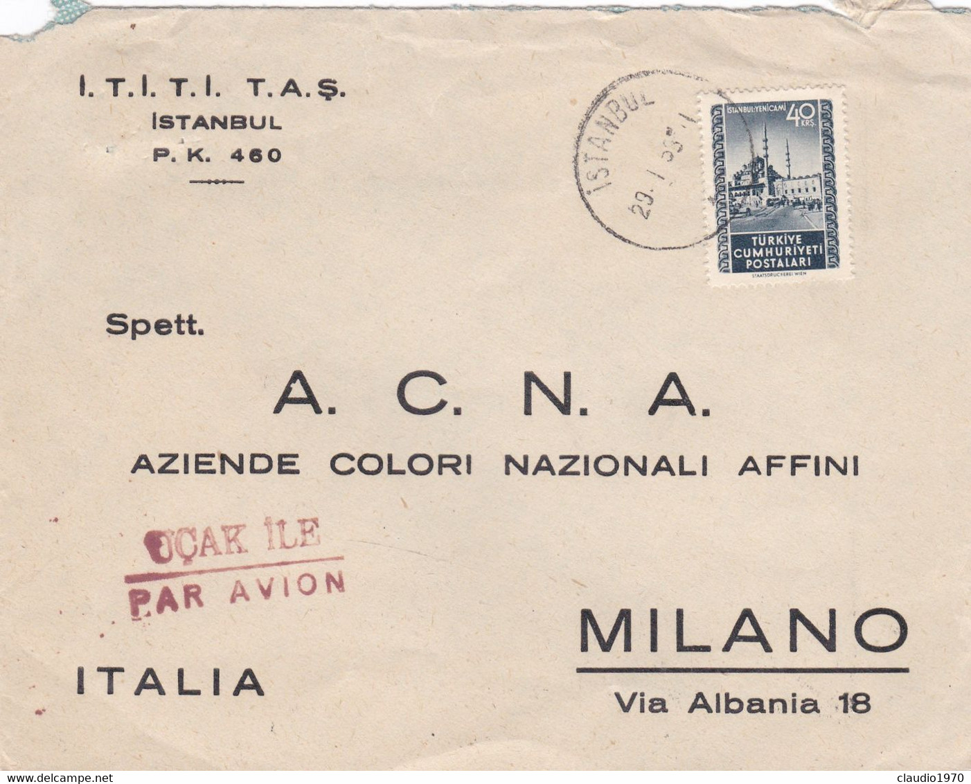 TURCHIA - TùKIYE -  ISTANBUL - STORIA POSTALE - BUSTA PAR AVION  I.T.I. T.I. - T.A.S  VIAGGIATA PER MILANO - ITALIA 1953 - Lettres & Documents