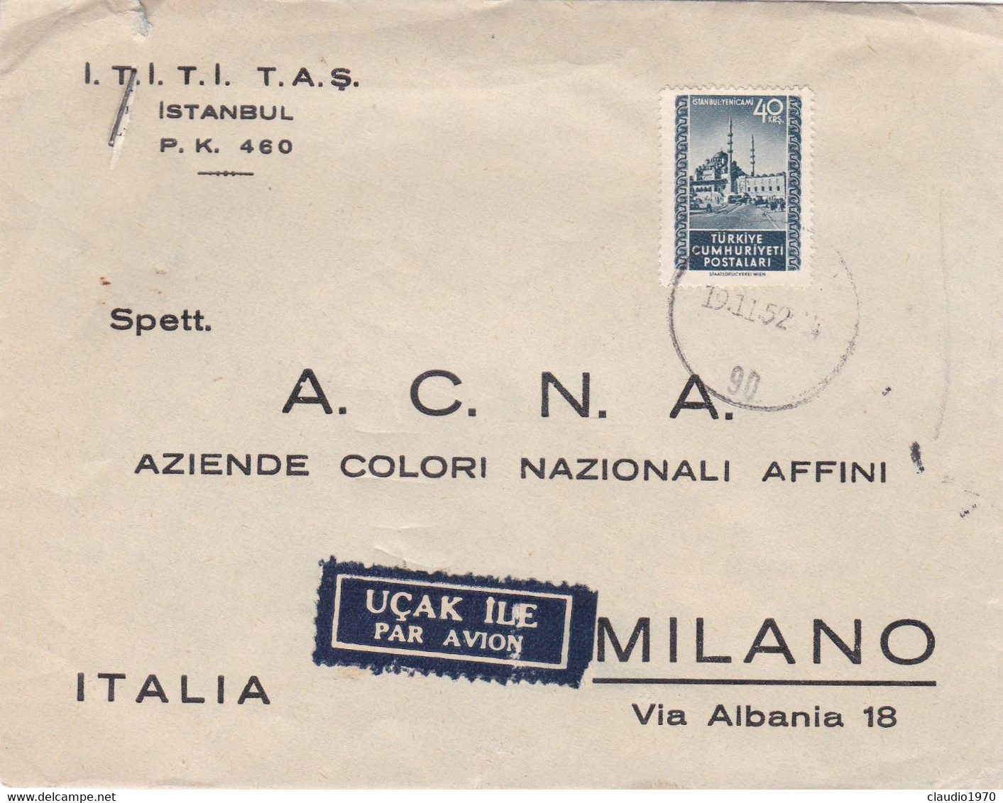 TURCHIA - TùKIYE -  ISTANBUL - STORIA POSTALE - BUSTA PAR AVION  I.T.I. T.I. - T.A.S  VIAGGIATA PER MILANO - ITALIA 1952 - Cartas & Documentos