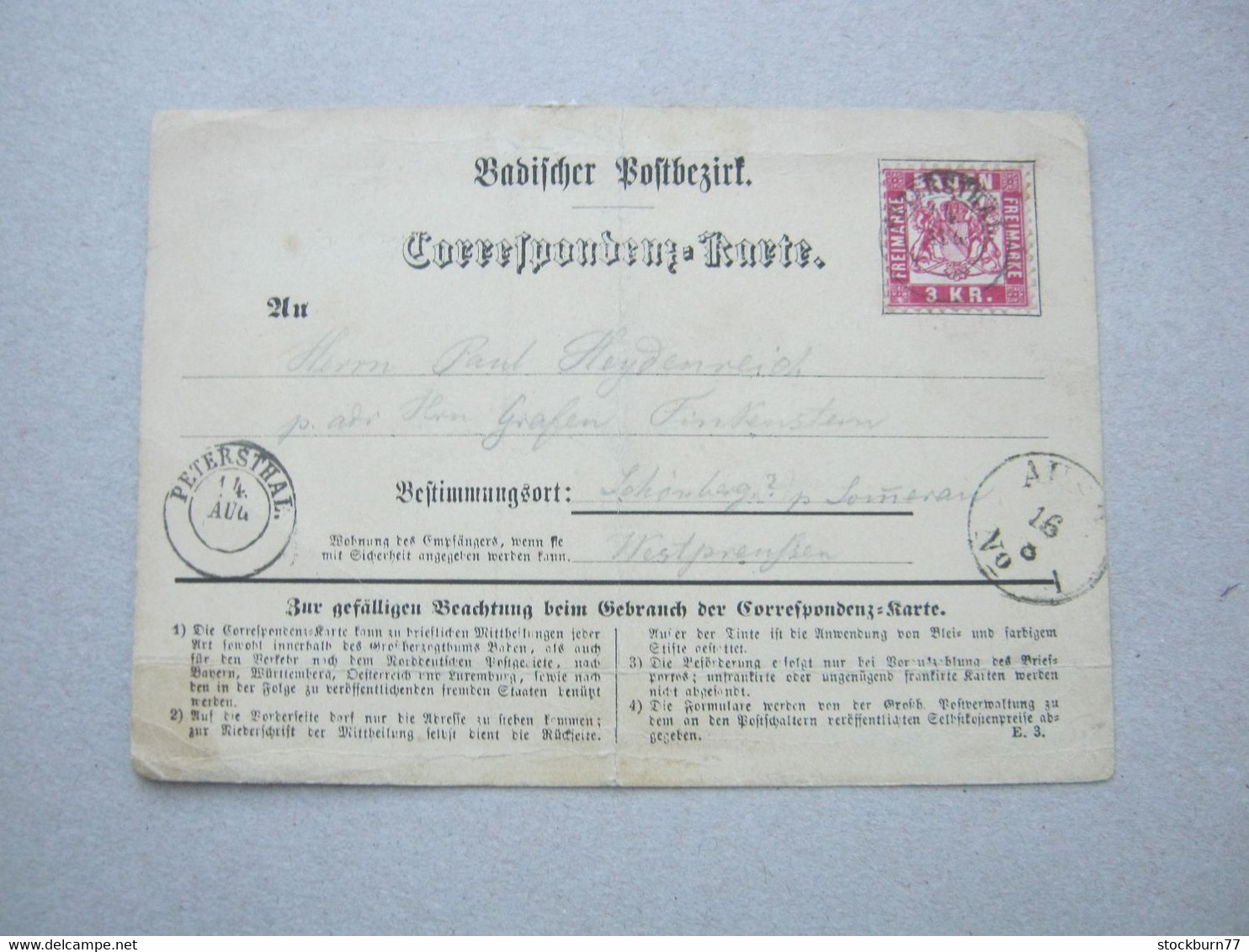 BADEN ,  PETERSTHAL , Klarer Stempel Auf Postkarte - Briefe U. Dokumente