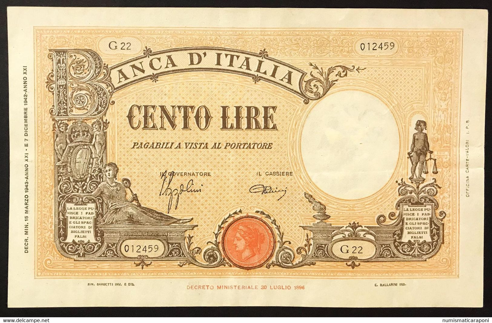 100 LIRE BARBETTI GRANDE B FASCIO 15 03 1943  CARTA FRESCA E BEI COLORI Leggermente Pressato LOTTO 3121 - 100 Liras