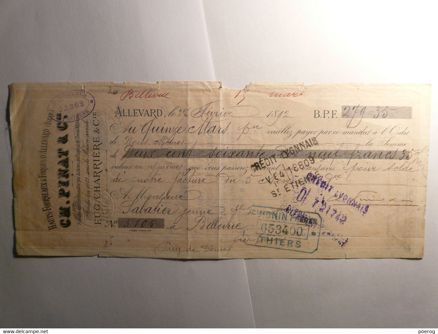 MANDAT LETTRE DE CHANGE CHEQUE - CH. PINAT & CIE - 1892 - SABATIER JEUNE - ALLEVARD - Bills Of Exchange