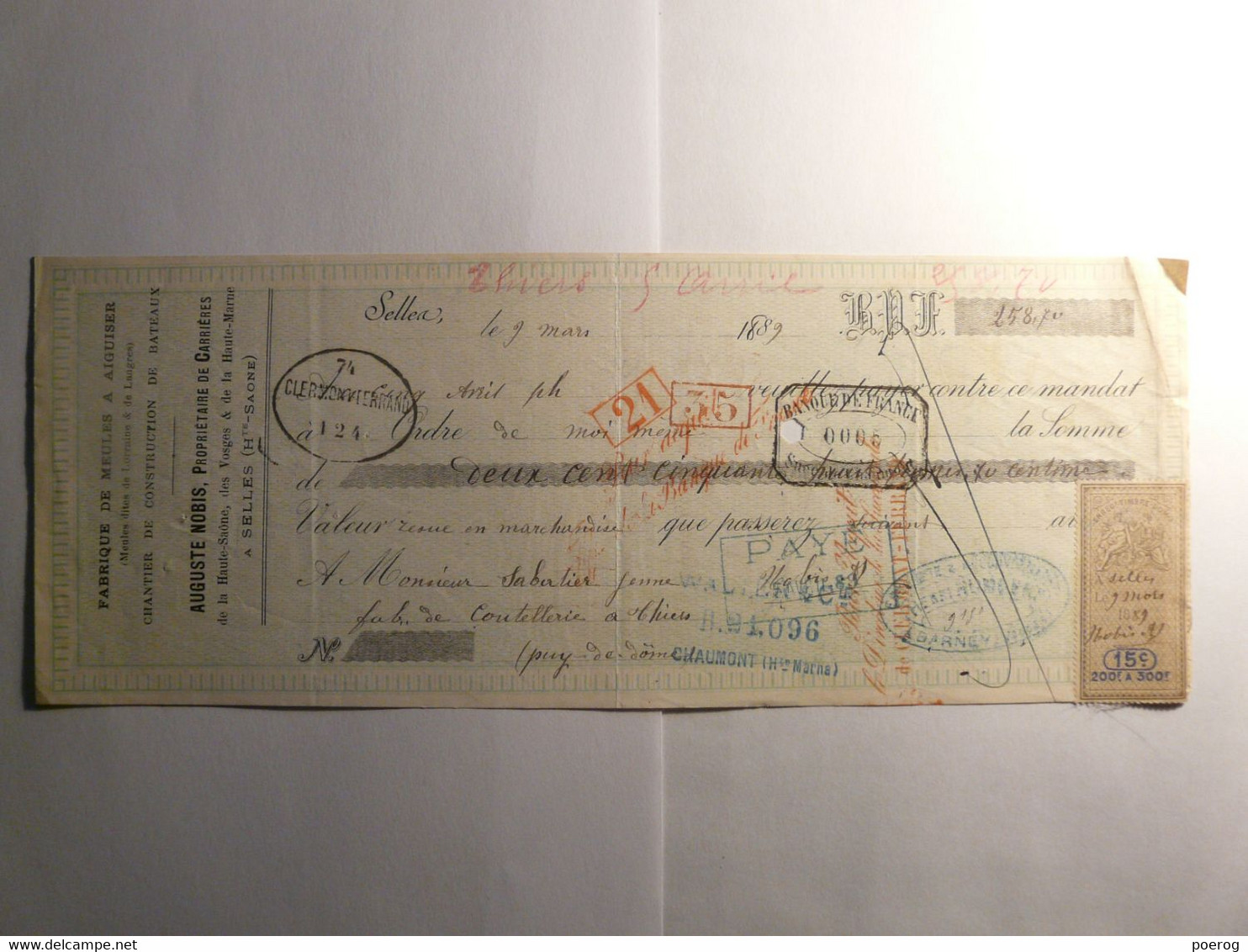 MANDAT LETTRE DE CHANGE CHEQUE - SELLEA 9 MARS 1889 - AUGUSTE NOBIS - SABATIER COUTELLIER THIERS - Bills Of Exchange