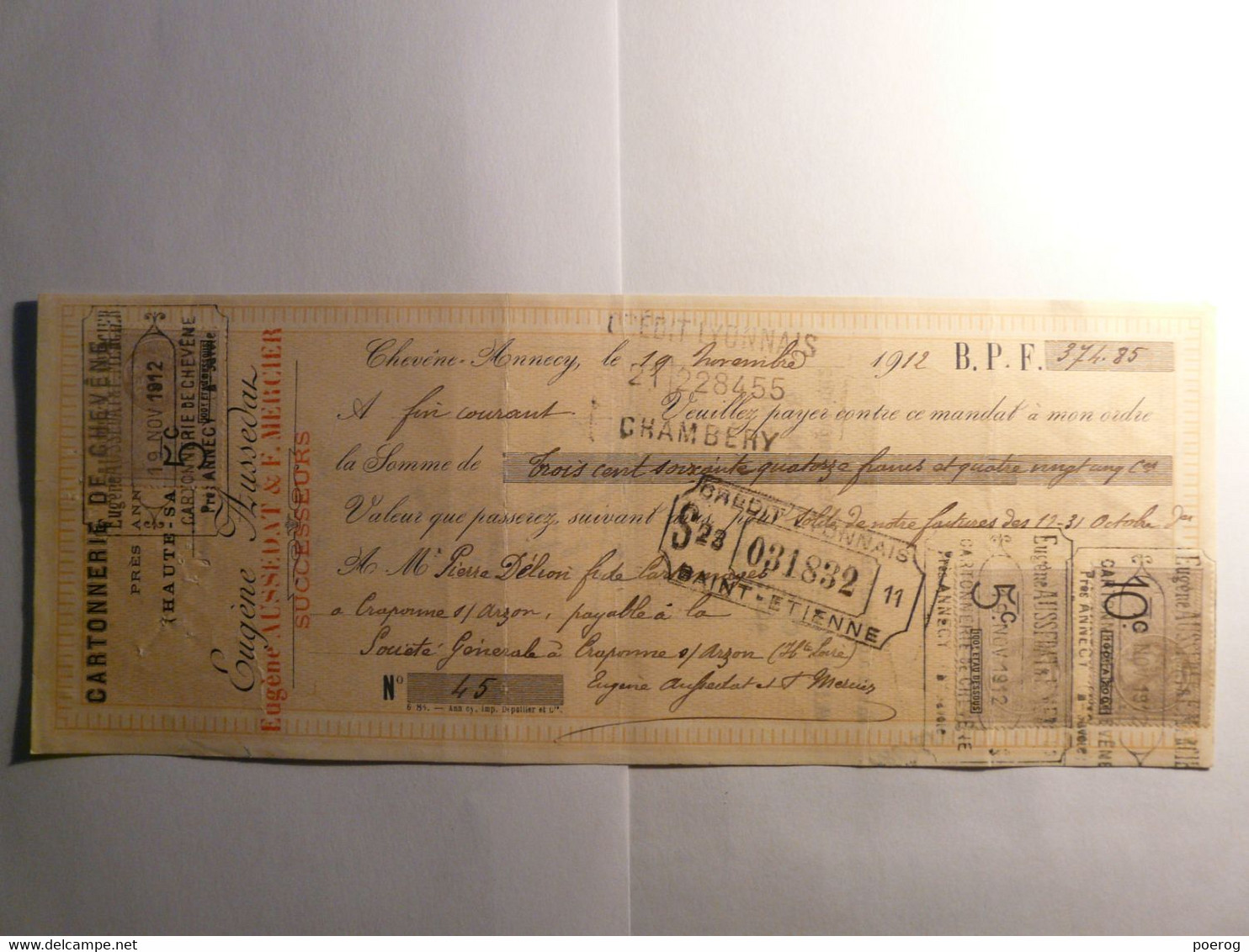 MANDAT LETTRE DE CHANGE CHEQUE - CHEVENE ANNECY - 19 NOVEMBRE 1912 - CARTONNERIE DE CHEVENE - SABATIER COUTELLIER THIERS - Bills Of Exchange