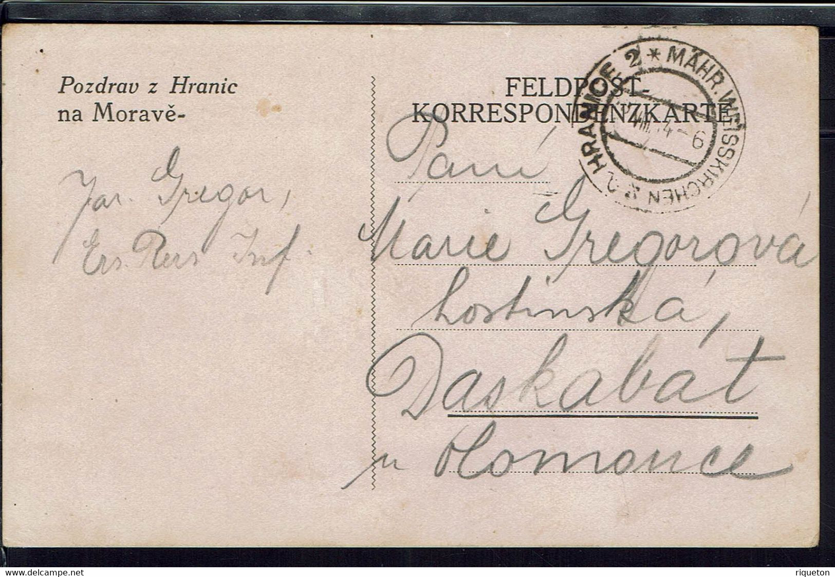 Tchécoslovaquie 1914 "Pozdrav Z Hranic Na Morave-" Fedpost Korrespondenzkarte Pour Daskabat - - ...-1918 Prephilately