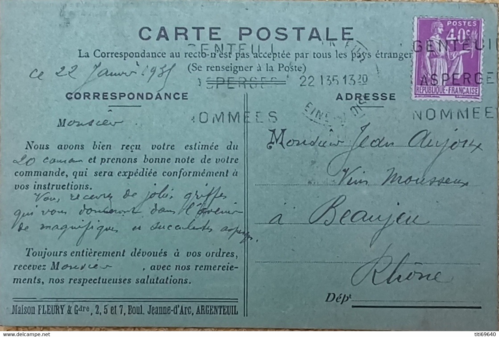 CPA ARGENTEUIL (95): Carte Publicitaire Maison FLEURY Bd Jeanne D'Arc  Asperges La Monstrueuse  Fraise "Lord Kitchner" - Arthies