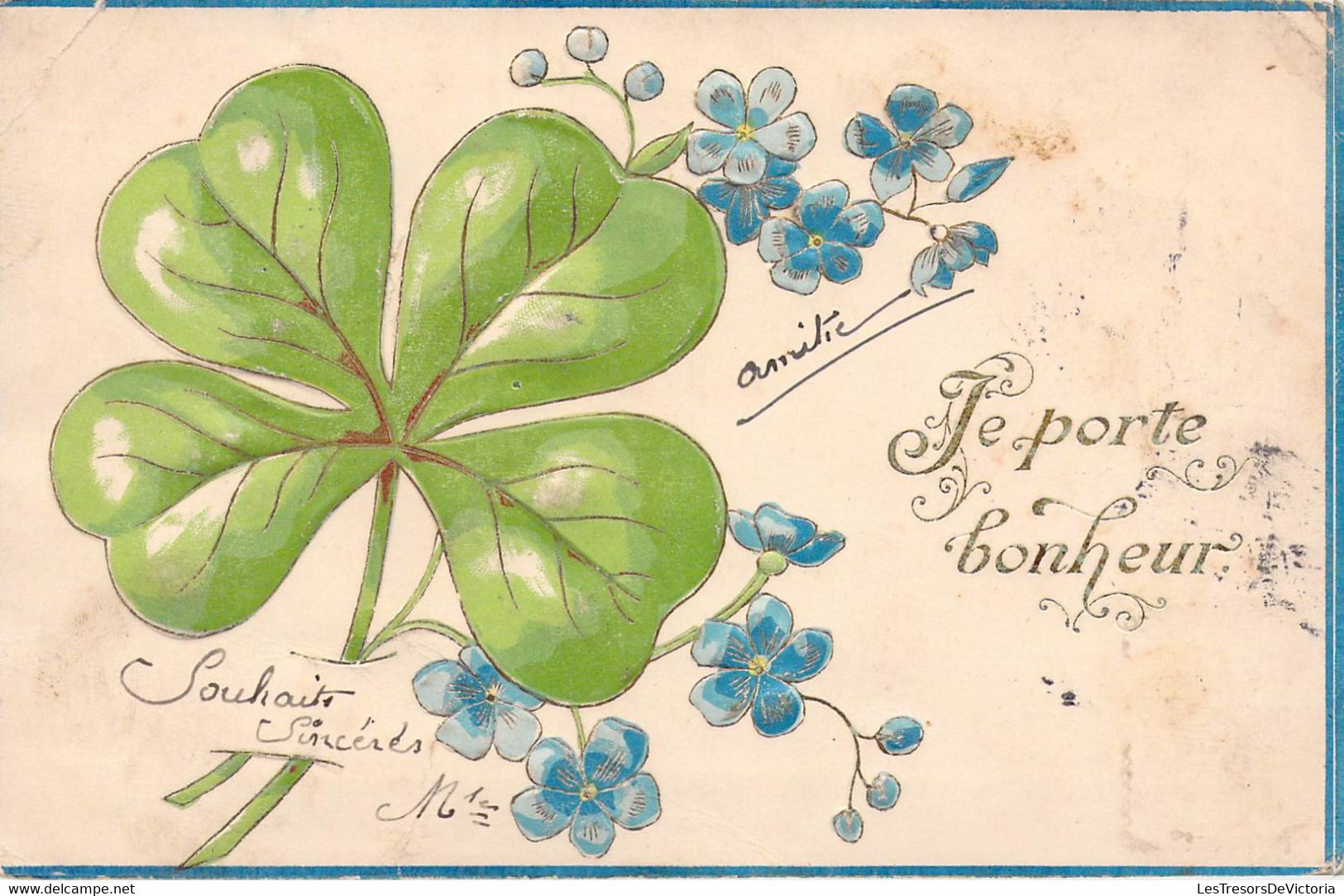 CPA FLEURS - Je Porte Bonheur - Trèfle 4 Feuilles - Fleurs Bleues - Relief - Flowers