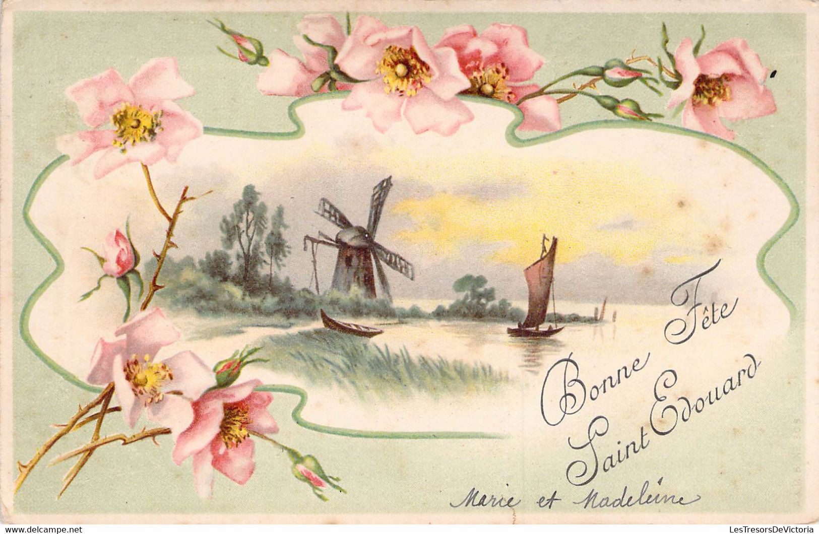CPA FLEURS - Bonne Fête St Edouard - Fleurs Roses Entourent Un Paysage Avec Des Moulins - Fleurs