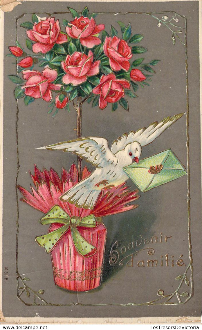 CPA FLEURS - Souvenirs D'amitié - Colombe Avec Enveloppe Et Bosquet De Fleurs Roses - Couleur - Flowers