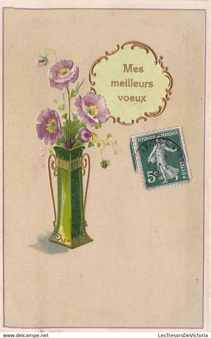 CPA FLEURS - Illustration Non Signée De Fleurs Violettes Dans Un Vase Vert - Mes Meilleurs Voeux - Flores