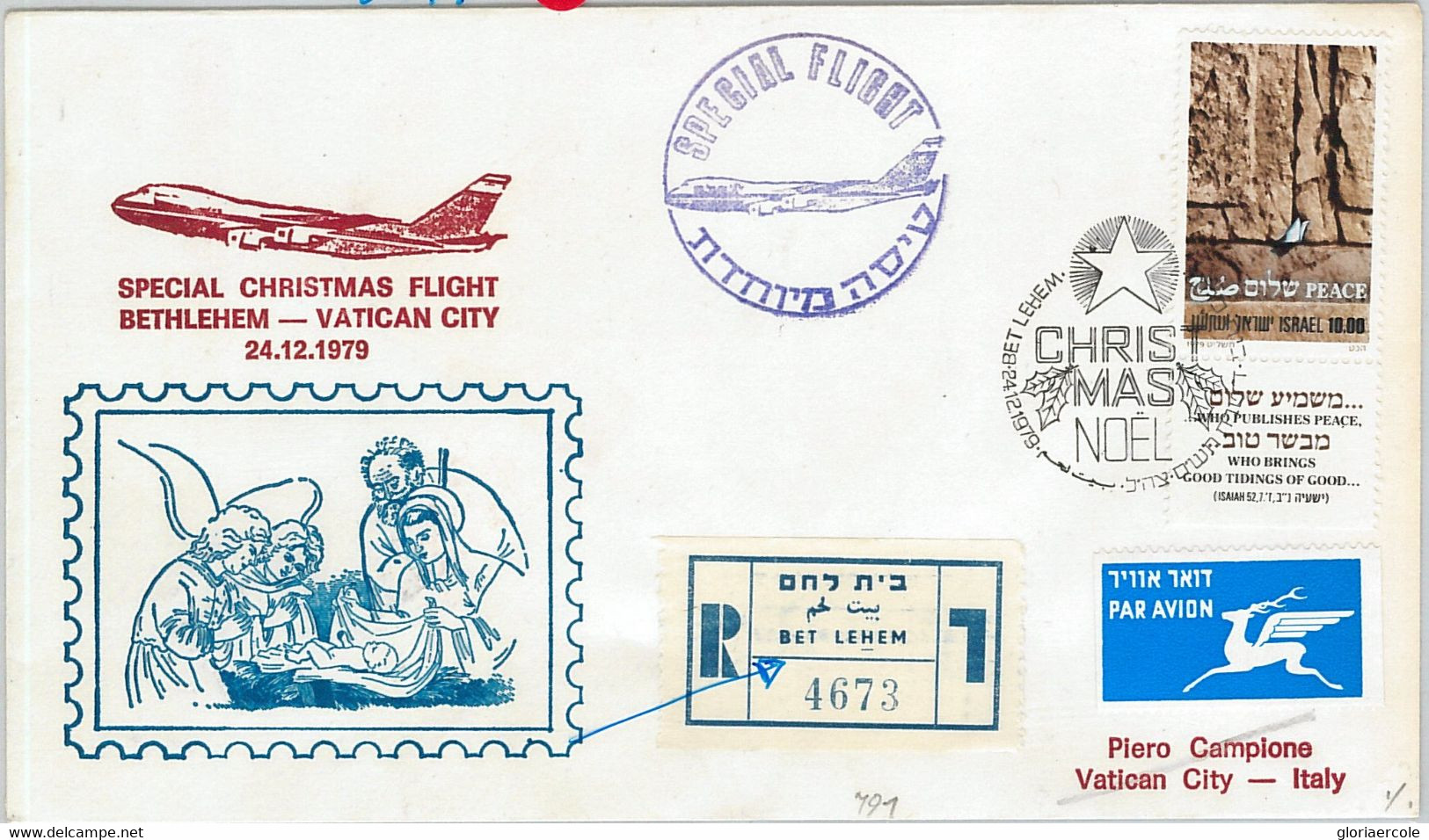 60224 - ISRAEL - POSTAL HISTORY - First Flight COVER BETHLEHEM - Vatican 1979 - Andere & Zonder Classificatie