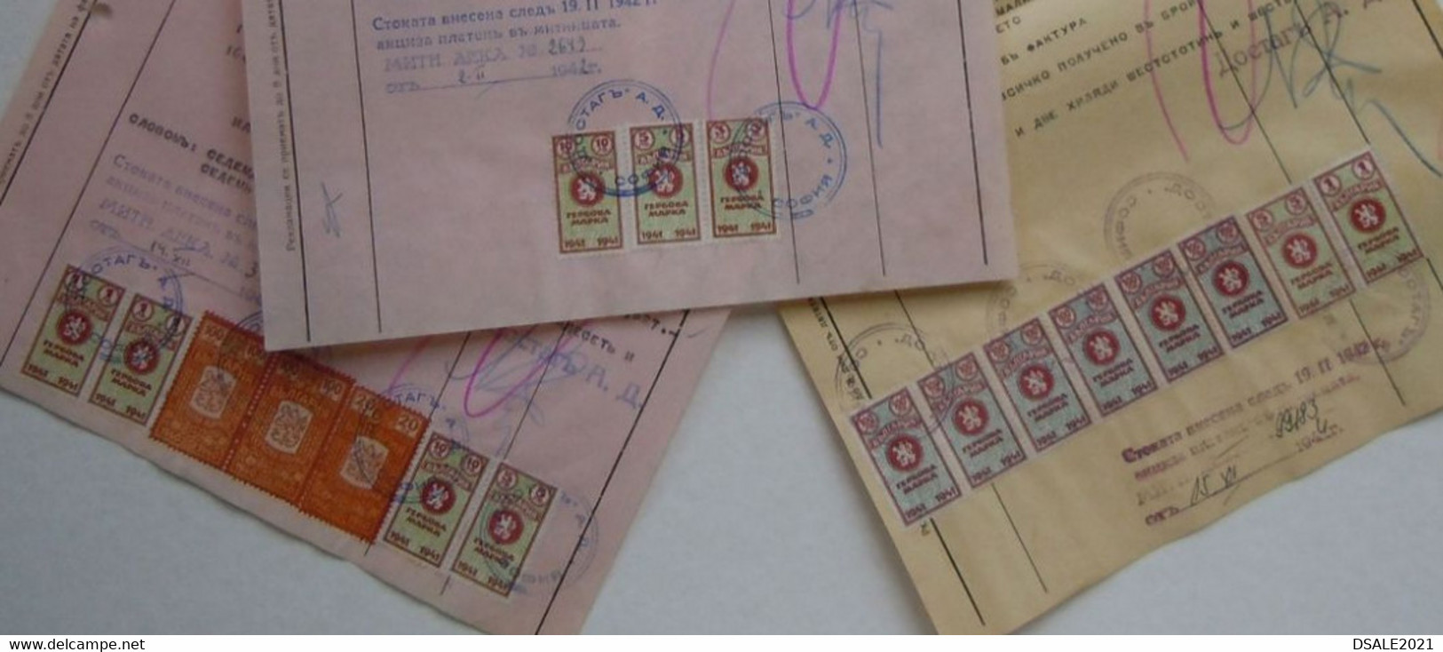 Bulgaria Lot Of 3 Document, Selection Ww2-1940s With Rare Color Fiscal Revenue Stamps, Timbres Fiscaux Bulgarie (38488) - Francobolli Di Servizio