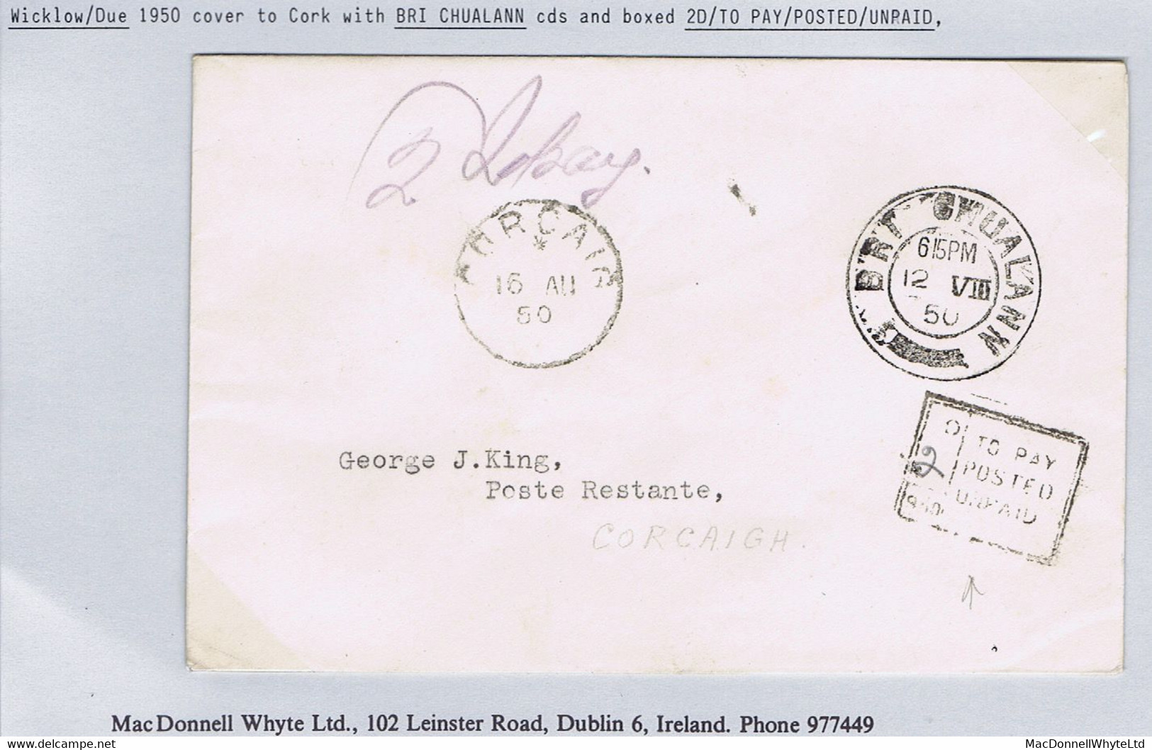 Ireland Postage Due 1950 Cover From Bray To Cork Posted Unpaid "2D TO PAY" And BRI CHUALANN Cds - Portomarken