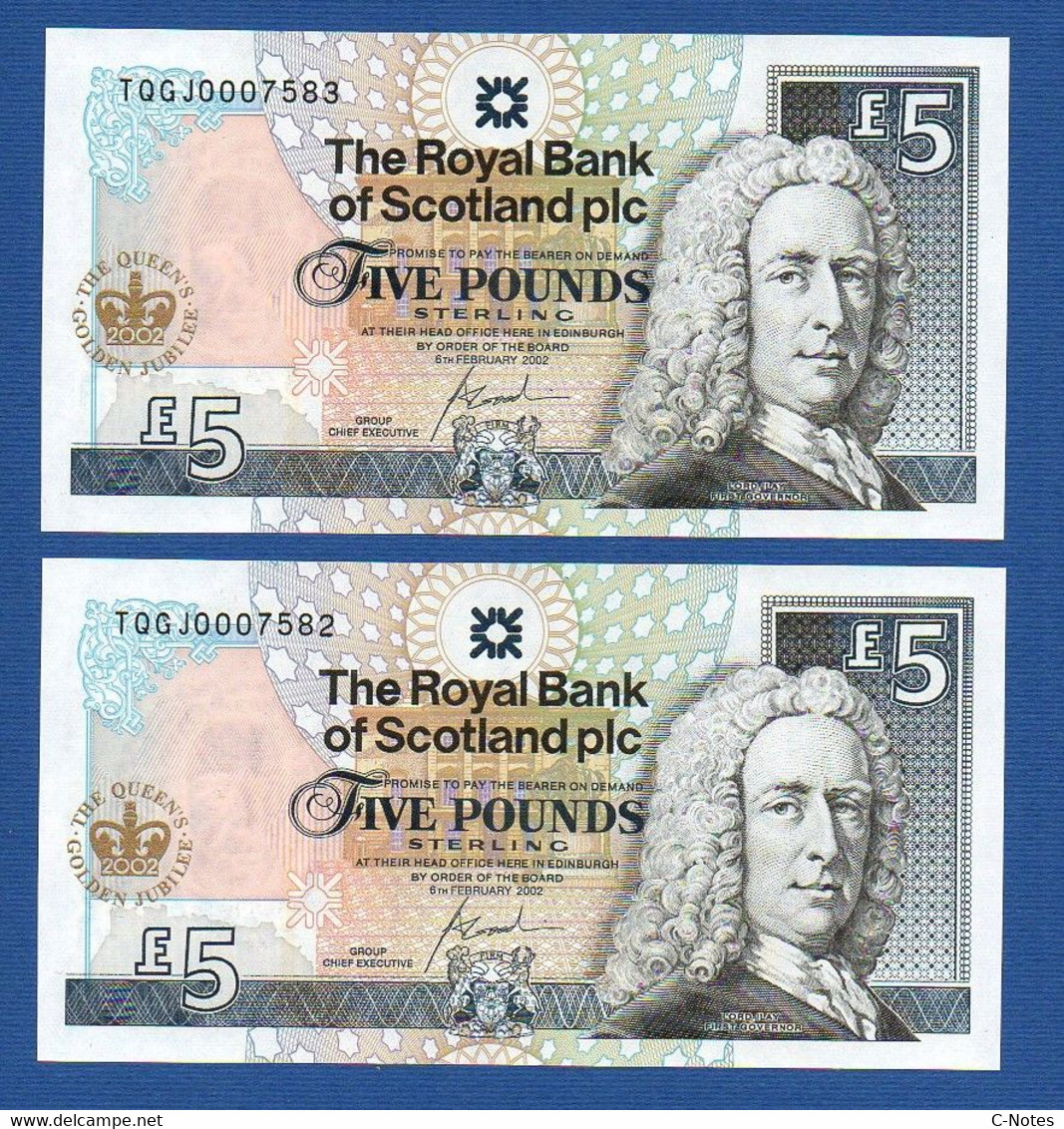 SCOTLAND - P.362 – 2 X 5 POUNDS 2002 UNC, Serie TQGJ0007582 + ...7583 "Queen's Golden Jubilee" Comm. Issue - Low Number - 5 Pond