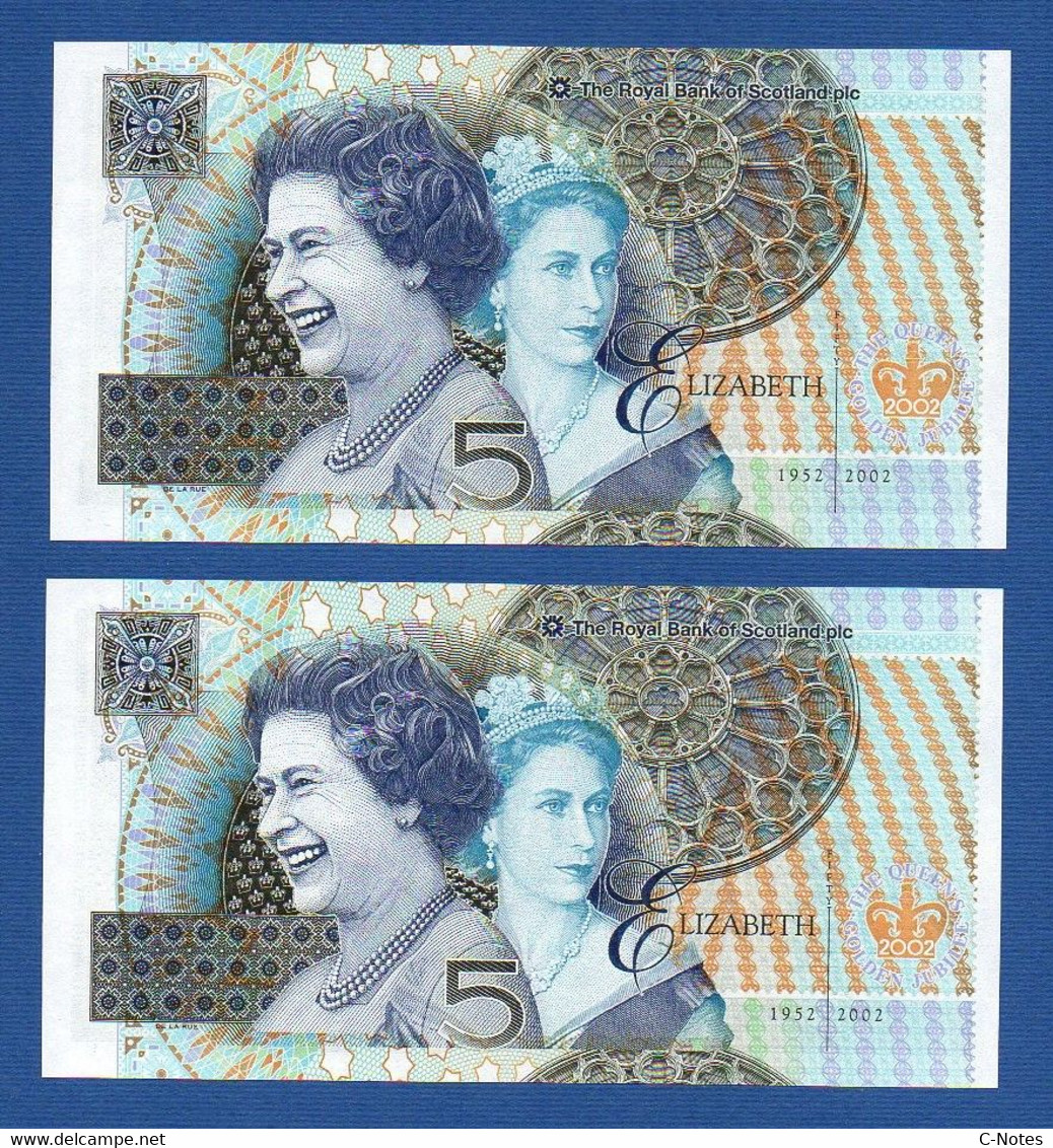 SCOTLAND - P.362 – 2 X 5 POUNDS 2002 UNC, Serie TQGJ0007582 + ...7583 "Queen's Golden Jubilee" Comm. Issue - Low Number - 5 Pounds