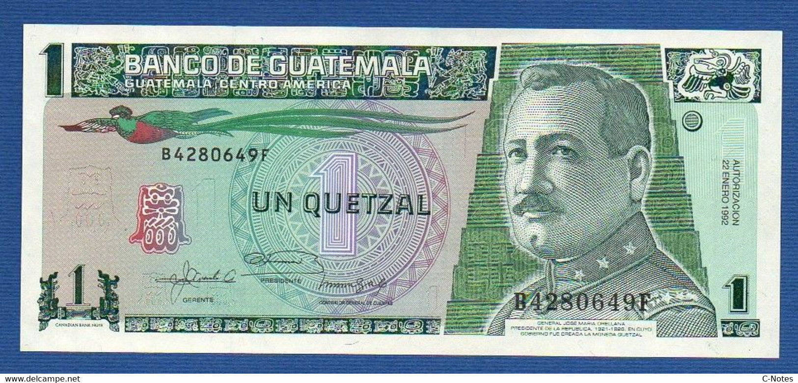 GUATEMALA - P. 73c – 1 Quetzal 22.01.1992 UNC Serie B4280649F Printer Canadian B.N. - Guatemala