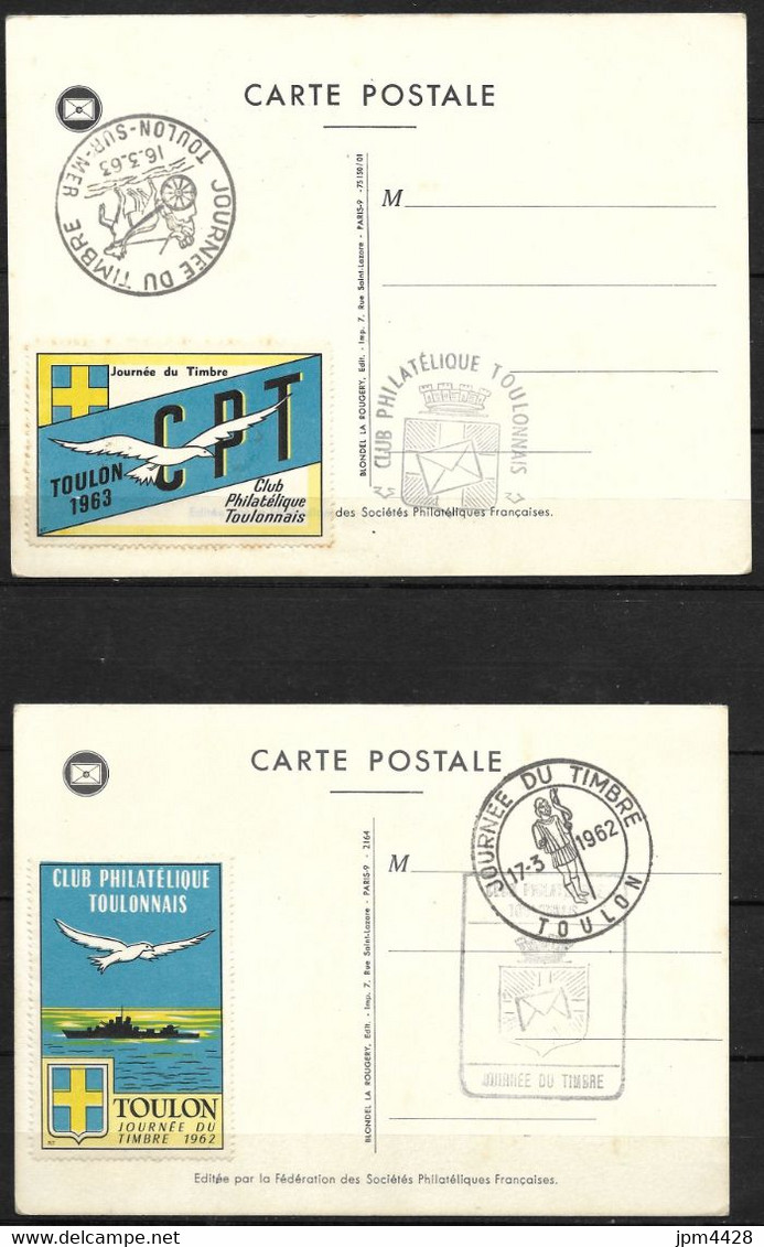 France  Vignette Club Philatélique Toulonnais,2 Différentes Sur Carte Postale Fête Du Timbre 1962 - Toulon - Briefmarkenmessen