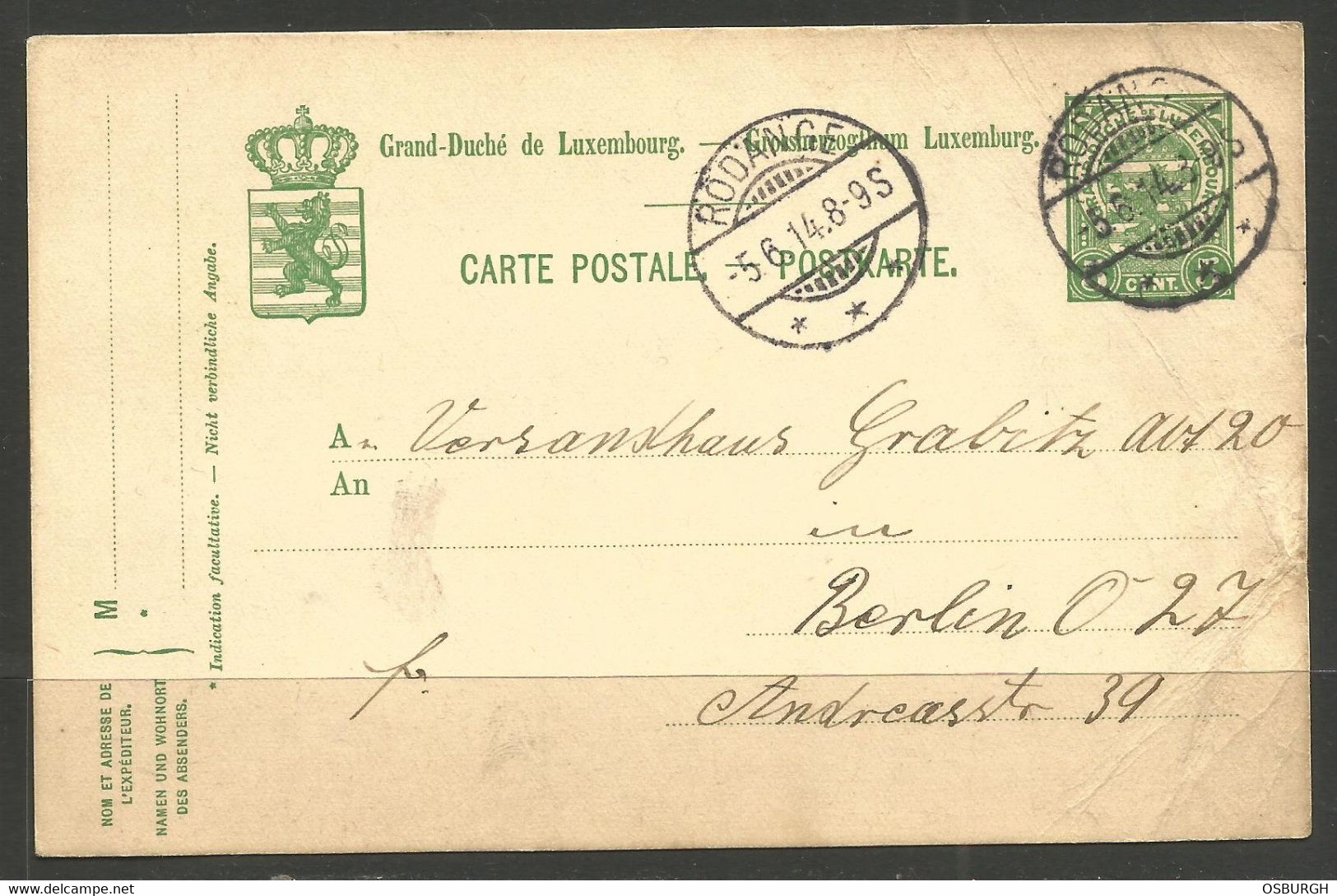 LUXEMBURG. 1914. CARD. RODANGE POSTMARK. ADDRESSED TO BERLIN. - 1907-24 Wapenschild