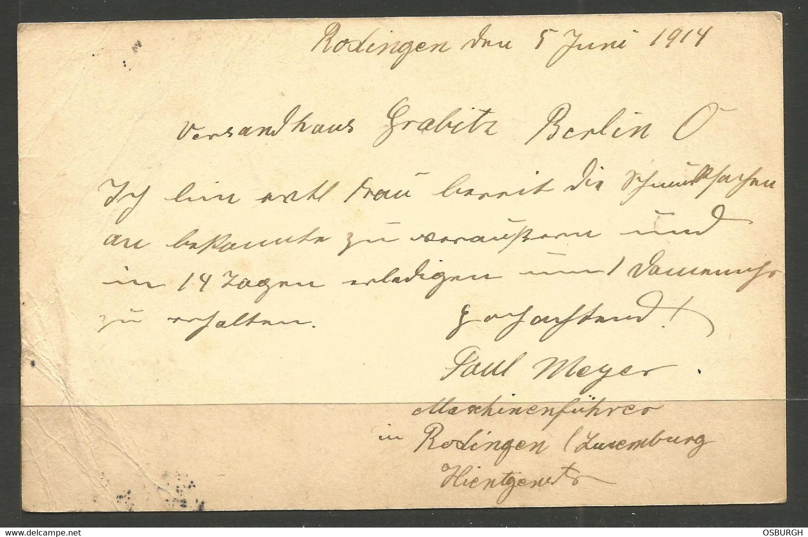 LUXEMBURG. 1914. CARD. RODANGE POSTMARK. ADDRESSED TO BERLIN. - 1907-24 Wapenschild