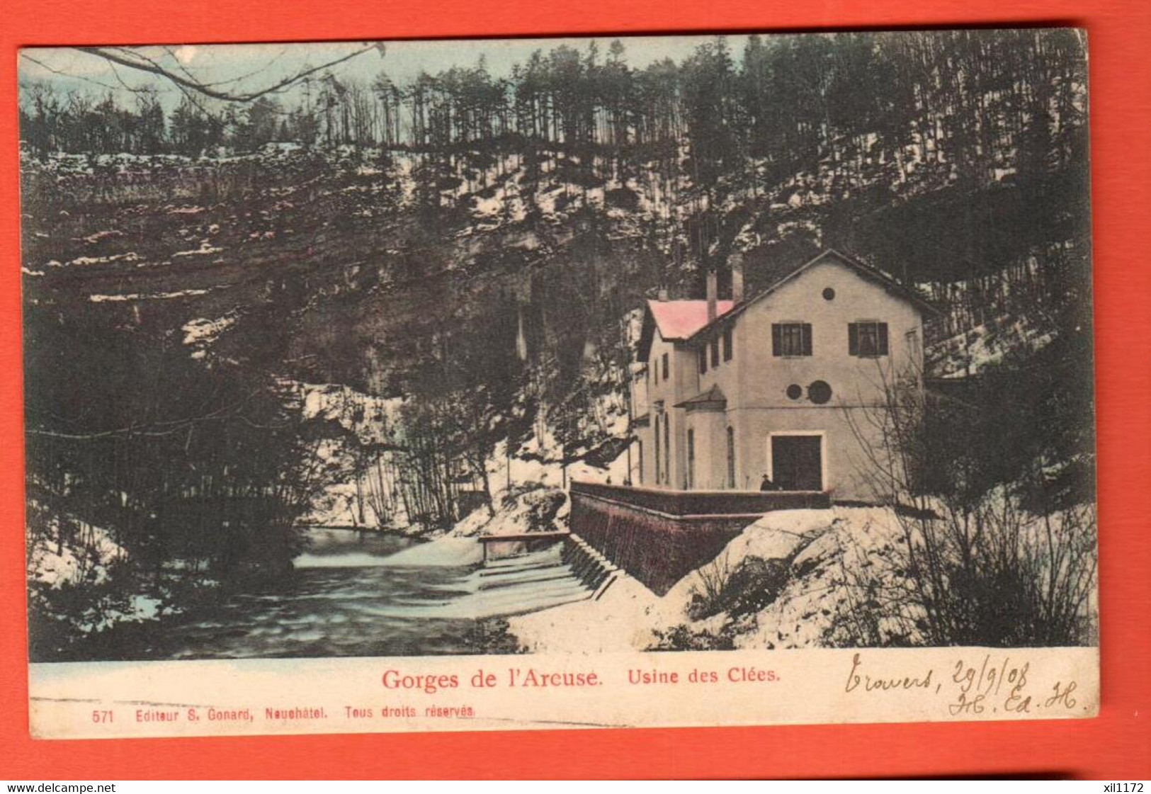 ZSE-05   Les Gorges De L'Areuse Usine Des Clées  Cachet Travers Pour Paris 1908 - Travers